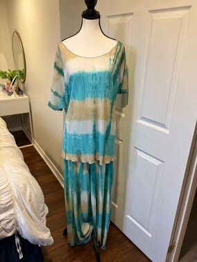 Linda Lundström Crinkle 2 Piece Resort Set Wide Leg Pants Tunic Plus 20